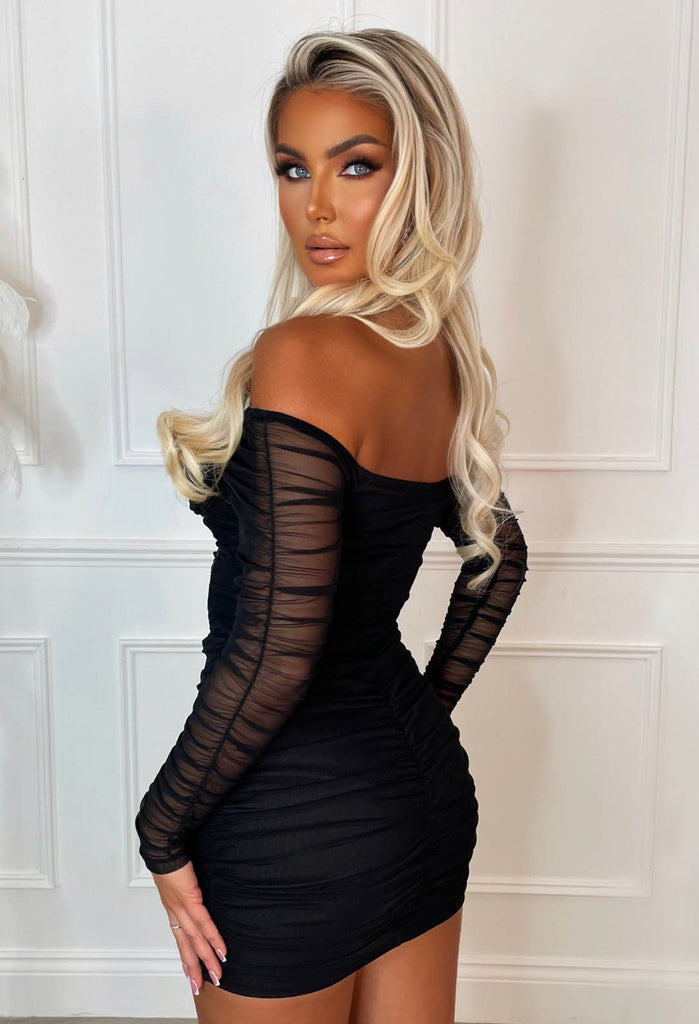 Bijoux Black Mesh Long Sleeve Ruched Corset Mini Dress