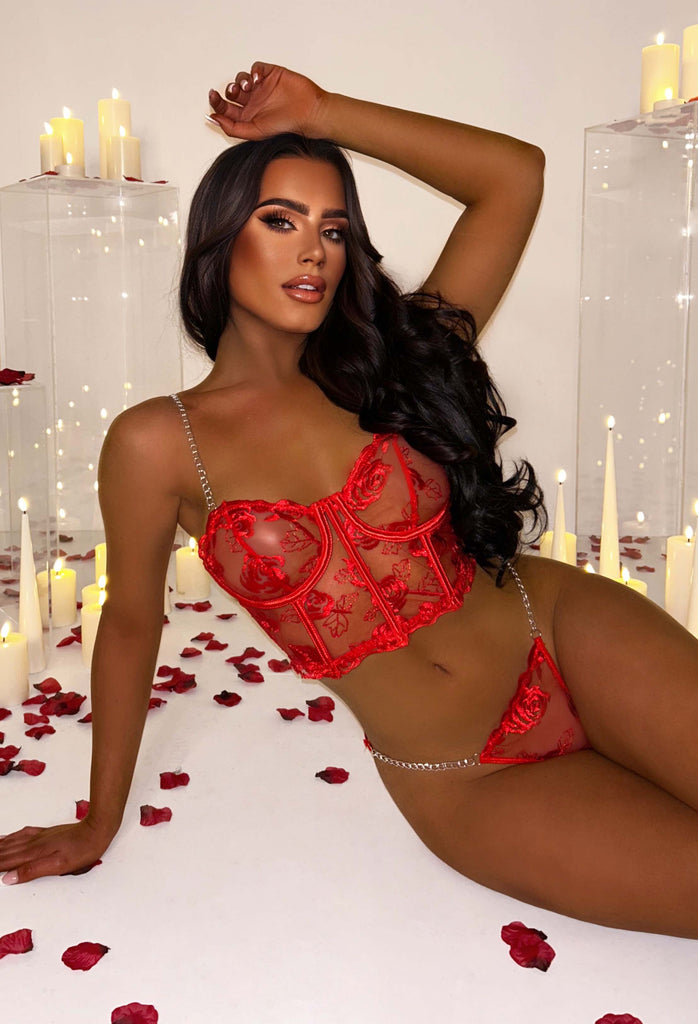 Romance And Roses Red Rose Embellished Corset And Thong Lingerie