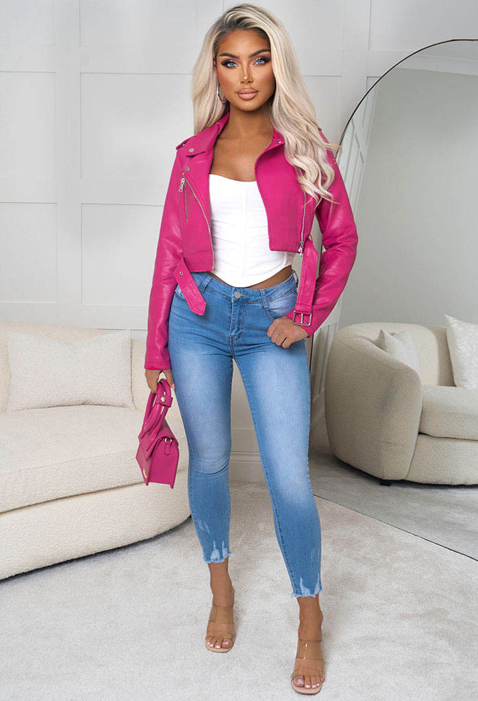 Hot pink sale leather jacket outfit