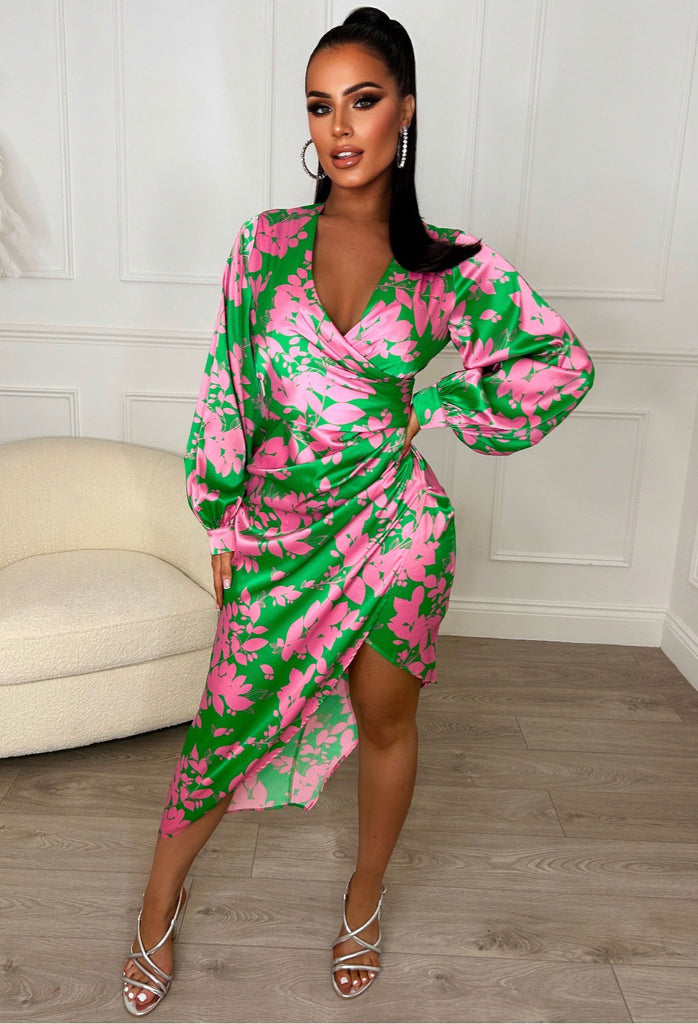 Floral Fair Green Floral Long Sleeve Satin Midi Dress | Pink Boutique ...