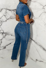 Denim Embrace Mid Blue Stretch Short Sleeve Button Front Straight Leg Jumpsuit