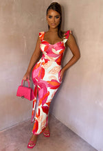 Sunset Beauty Pink Printed Ruffle Sleeve Leg Split Midi Dress