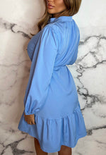 Girly Glam Blue Long Sleeve Frill Hem Shirt Dress