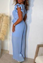 Nice To Meet You Baby Blue Pleated Ruffle Shoulder Jumpsuit