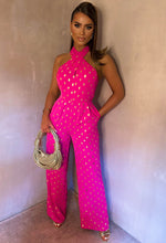 Star Crossed Fuschia Foil Spot Halter Jumpsuit