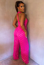 Star Crossed Fuschia Foil Spot Halter Jumpsuit