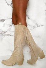 Spark The Passion Beige Faux Suede Knee Cowboy Boots