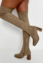 Can't Handle Me Beige Stretch Faux Suede Thigh High Boot