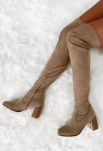 Can't Handle Me Beige Stretch Faux Suede Thigh High Boot