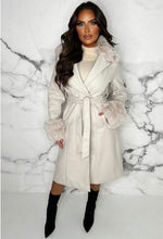 Pure Fantasy Beige Faux Fur Trimmed Belted Coat