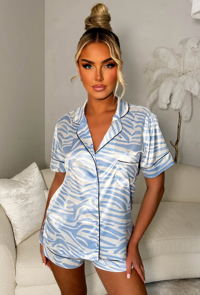 Fool Me Once Blue Satin Short Sleeve Printed PJ Set | Pink Boutique ...