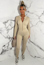 Zip Me Up Beige Long Sleeve Waist Cinching Zip Up Unitard