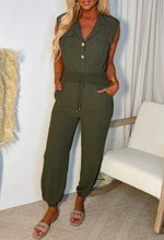 The One Khaki Gold Button Up Sleeveless Jumpsuit