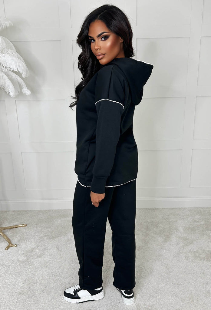 Stitch In Time Black Two Piece Stitch Trim Hooded Loungewear Set | Pink ...