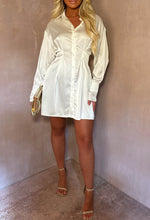 Couture Classic White Pleated Waist Cinching Satin Shirt Dress