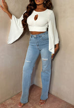 Luxe Haven White Flared Sleeve Key Hole Crop Top