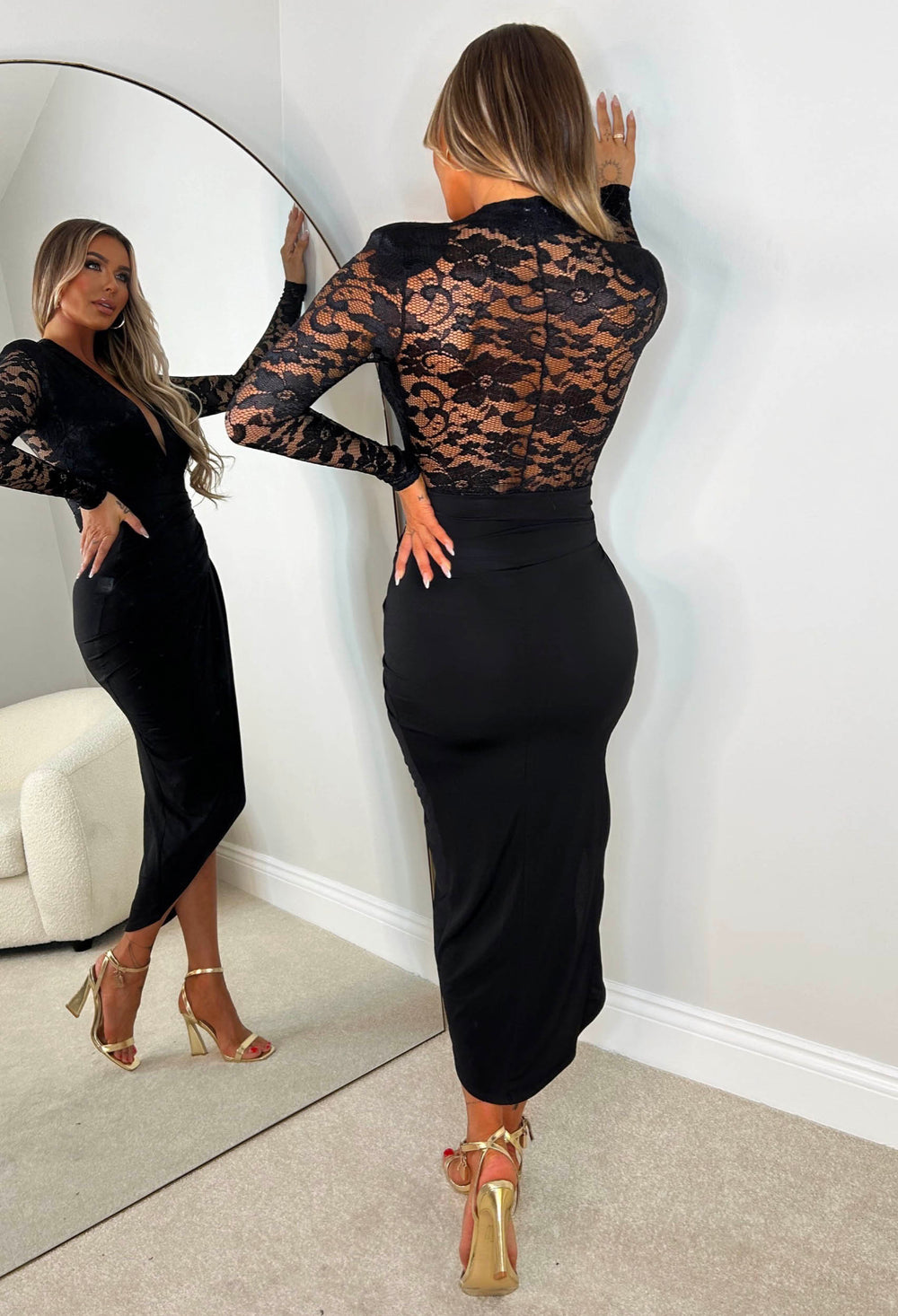 Luxe Lace Black Sheer Lace Detail Long Sleeve Ruched Midi Dress