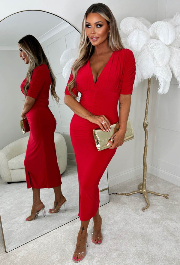 Love Me Always Red Soft Touch Ruched Stretch Midi Dress | Pink Boutique ...