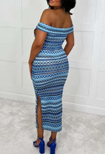 Aztec Dream Blue Zig Zag Striped Knitted Bardot Midi Dress