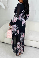 Romantic Feeling Black Chiffon Floral Waterfall Hem Maxi Dress