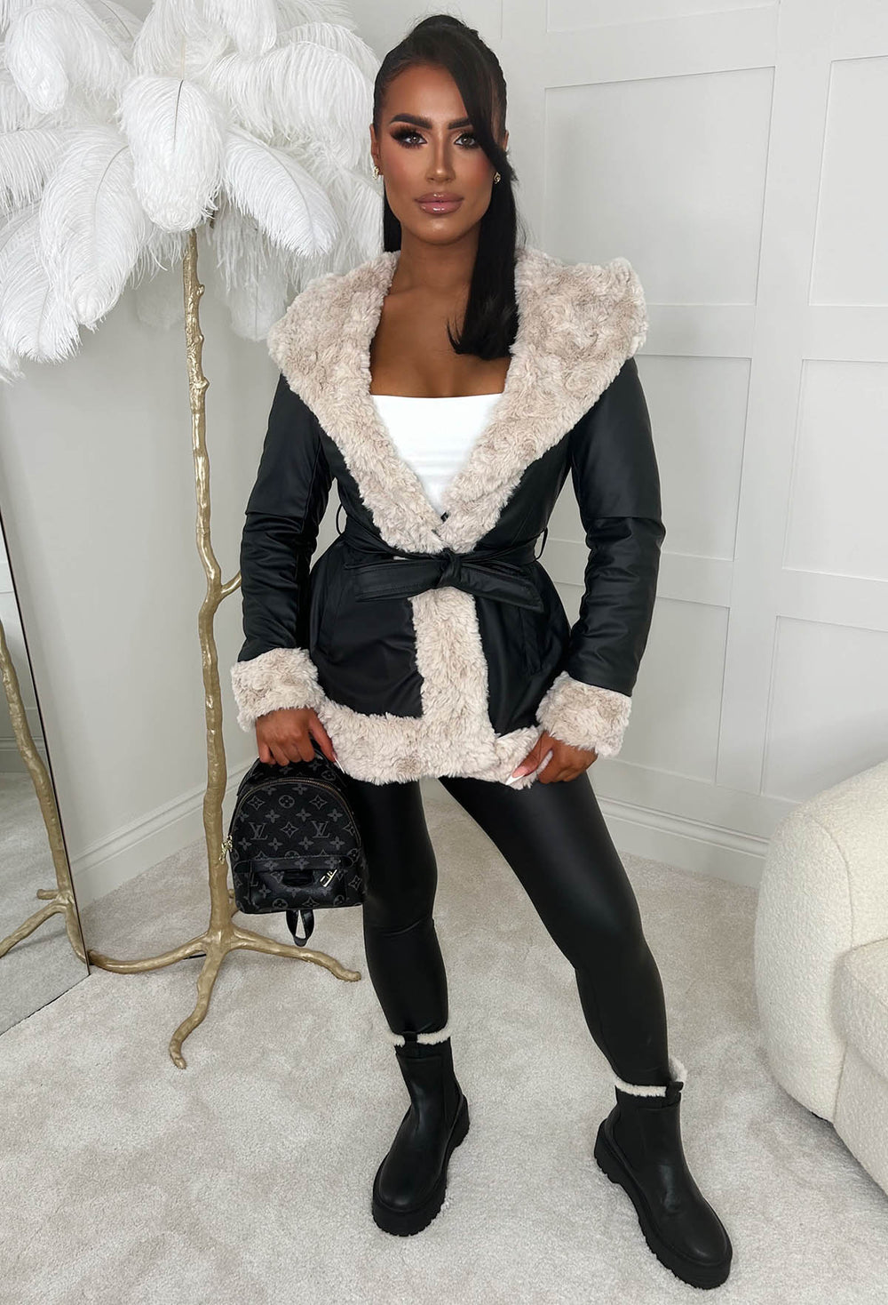 Black faux on sale fur belted coat