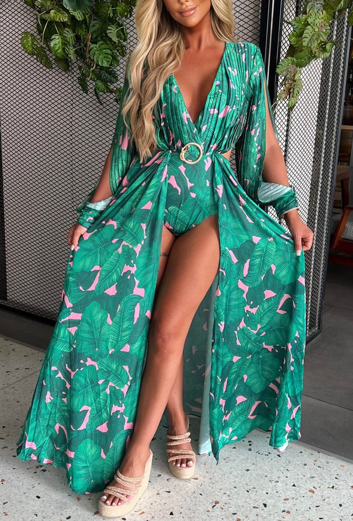 Floral Fair Green Floral Long Sleeve Satin Midi Dress