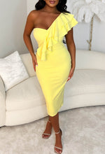 Frilling Affair Lemon Stretch One Shoulder Frill Midi Dress