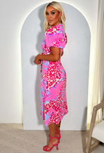 Fierce & Stylish Pink Animal Printed Puff Sleeve Midi Dress