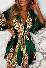 Be Sassy Green Animal Print Gold Button Detail Mini Dress