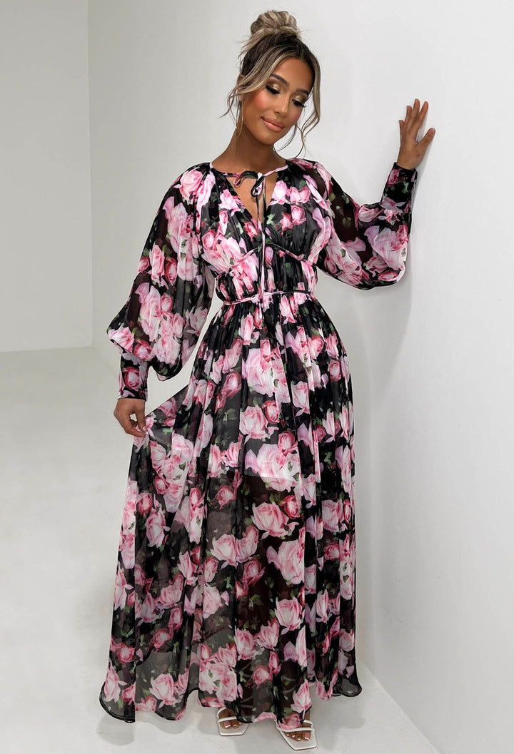DRESS - Pink / Black Embroidery (Bust 112 cm/ 44, Length 100 cm/40, Long  Sleeves - Oseredok Boutique