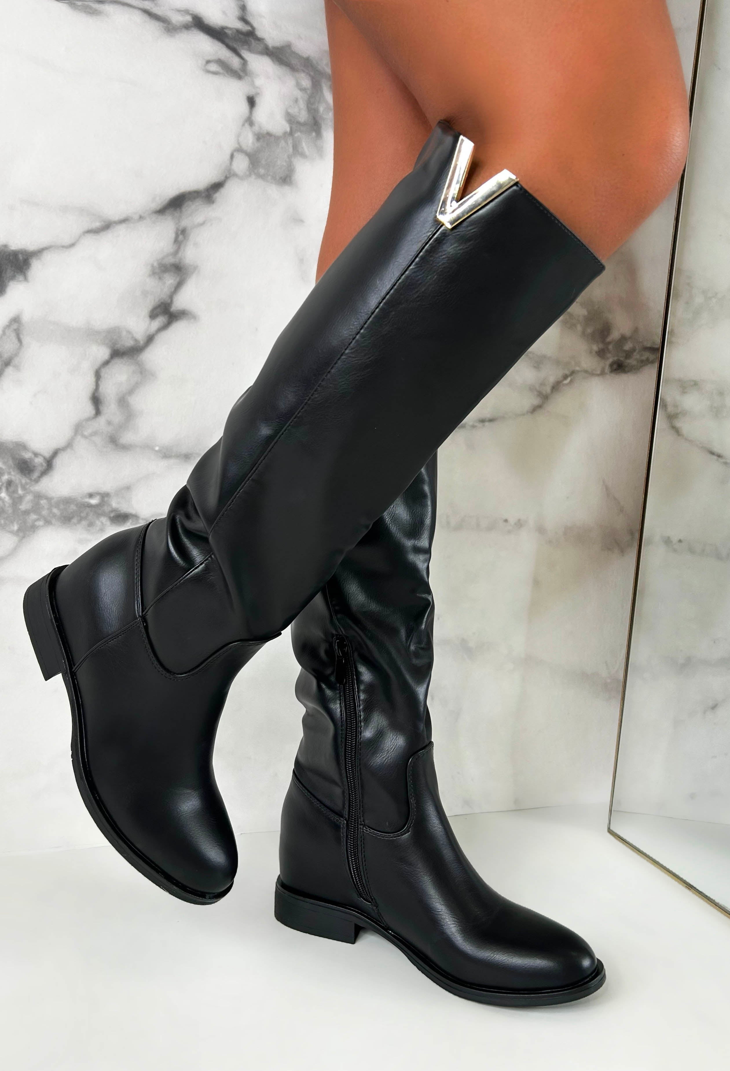 Black knee high boots with gold trim hotsell