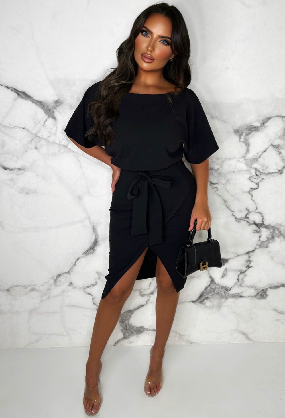 Came Here For Love Black Belted Wrap Front Midi Dress | Pink Boutique ...