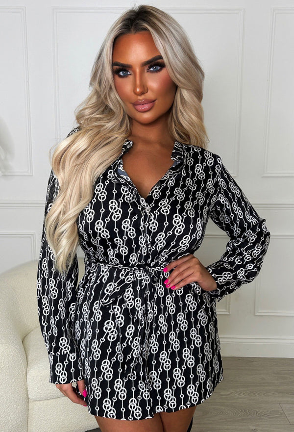 Linking Up Black Long Sleeve Belted Chain Print Shirt Dress Pink Boutique Pink Boutique UK