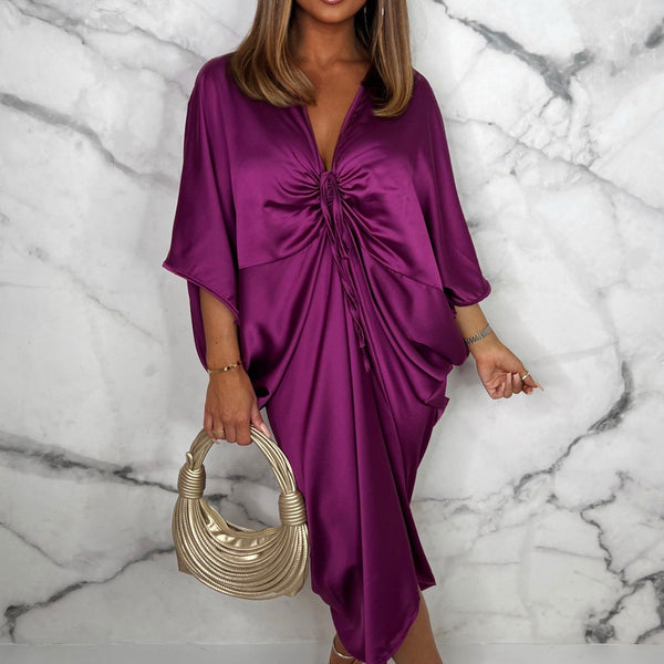 Cocktail Chic Purple Stretch Long Sleeve Plunge Ruched Midi Dress