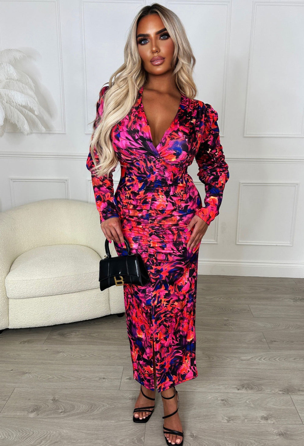 Love You 100% Pink Long Sleeve Stretch Floral Ruched Midi Dress | Pink ...