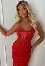 Turning Heads Red Beaded Cut Out Dress