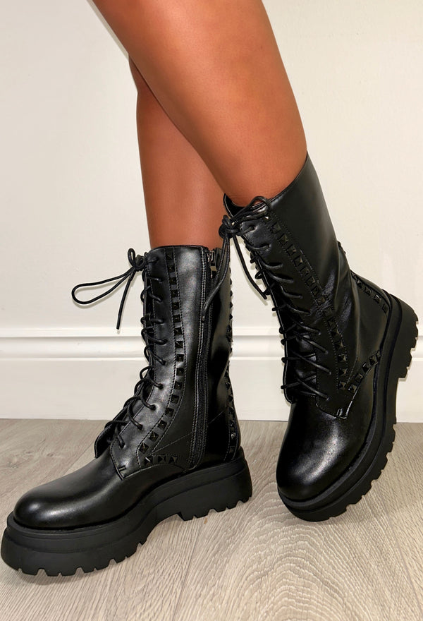 What Goes Around Black Stud Detail Biker Boots | Pink Boutique – Pink ...