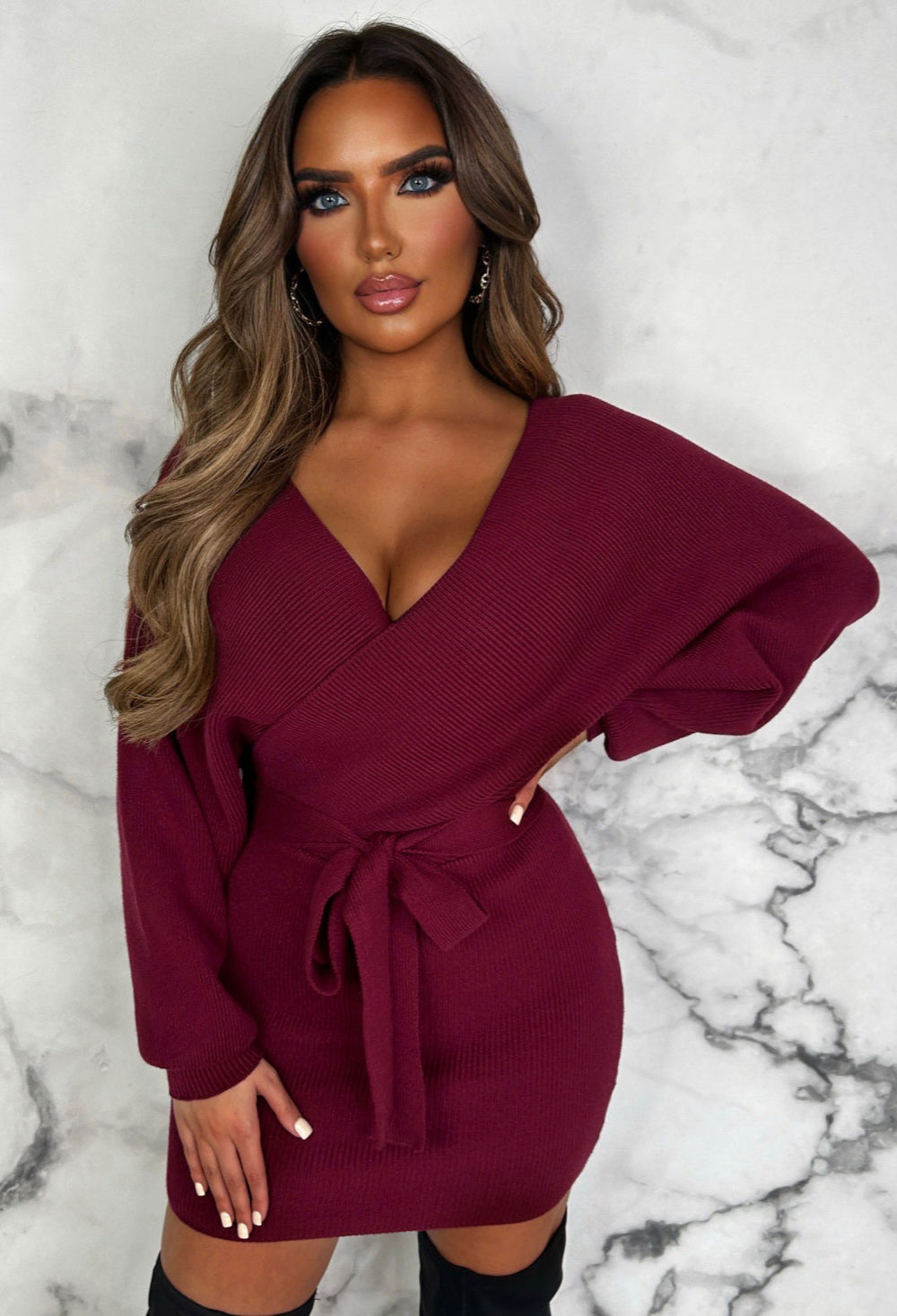 Wrapped In Luxe Burgundy Knitted Wrap Top Long Sleeve Belted Mini