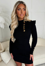 Always Couture Black Button Detail Frill Shoulder Ribbed Knitted Dress