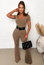 Bashful Babe Taupe Square Neck Flared Leg Jumpsuit