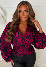 Briella Hot Pink V-Neck Animal Print Ruched Blouse