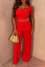 Chic Babe Red Square Neck Short Sleeve Wide Leg Jumpsuit