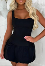 Chic & Sweet Black Stretch Square Scooped Neck Puff Ball Mini Dress