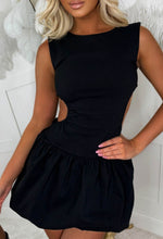 Chic & Trendy Black Stretch Cut Out Side Backless Puff Ball Mini Dress