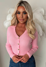 Classic Couture Baby Pink Rib Knit Button V-Neck Jumper