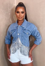 Denim Shimmy Mid Blue Denim Jacket With Sequin Tassel Detail