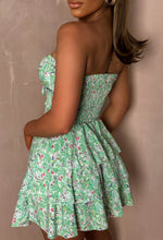 Ditsy Desire Green Floral Print Shirred Waist Rara Skirt Mini Dress