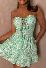 Ditsy Desire Green Floral Print Shirred Waist Rara Skirt Mini Dress