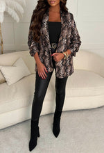 Divine Memory Natural Shawl Neck Ruched Sleeve Snake Print Blazer