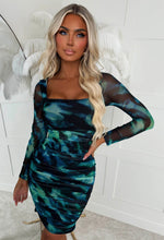 Dreams In Fantasy Green Square Neck Mesh Ruched Smoke Print Dress